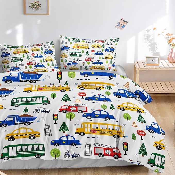 AILONEN City Vehicle Twin Duvet Cover Set 3 Piece, Bus Taxi Printed Bedding with 2 Pillowcases, Microfiber Zipper Closure, Kids Dorm Room - Image 3