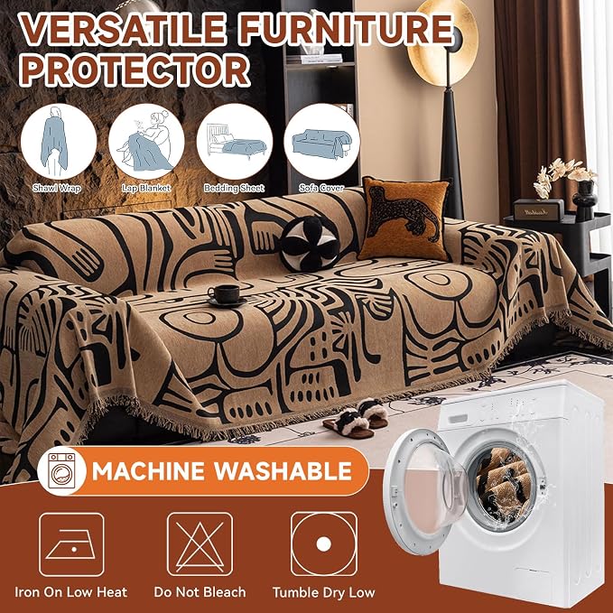 VClife Boho Sofa Cover Pet Sectional Couch Covers, Anti Slip Chenille Sofa Slipcover for 3 Seat, Unique Black Coffee Couch Sofa Covers for 3 Cushion Couch Washable Sofa Covers Throw, 71"X134" - Image 3
