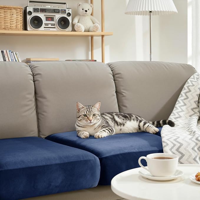 CHUN YI Velvet Couch Cushion Covers, 3PC Water Resistant Sofa Cushion Covers, Individual Seat Cushion Protector Slipcovers for Kids Pets (3 Pack, Navy Blue) - Image 6