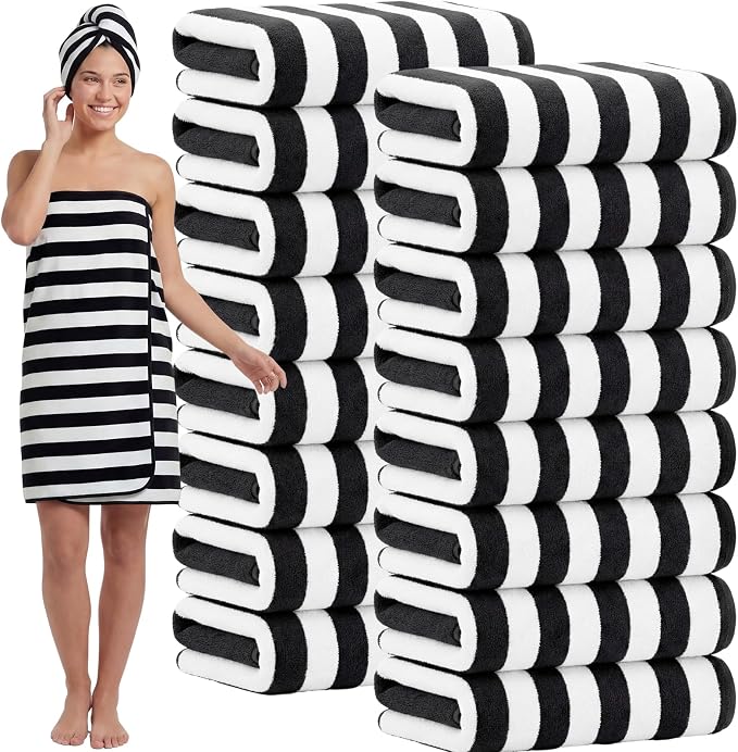 SmoothNovelty 16 Pack Microfiber Bath Towels Bulk 27'' x 60'' Oversized Size Bath Towel Highly Absorbent Extra Large Soft Drying for Beach Shower Summer Salon Sport Gym Party (Stripe,Black) by SmoothNovelty