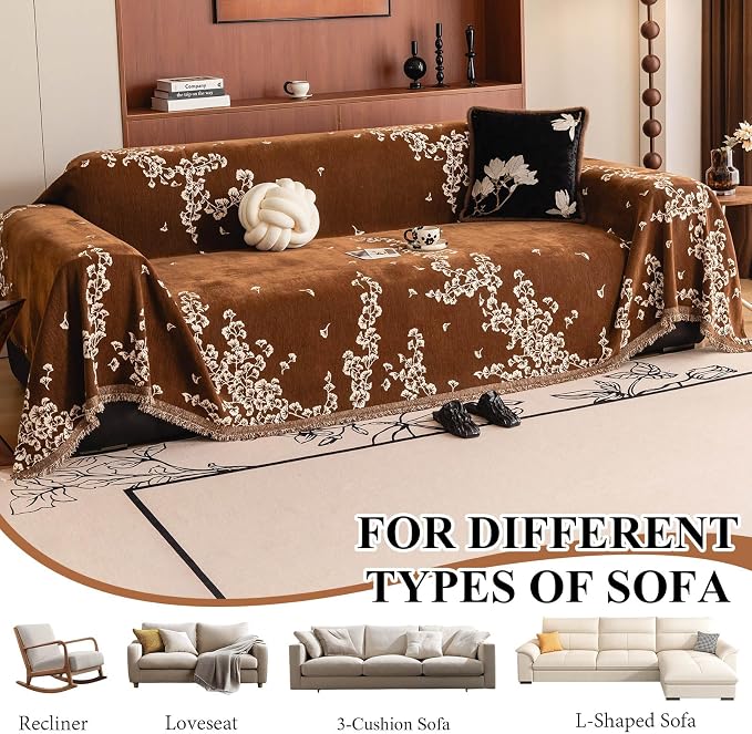 STACYPIK Botanical Aesthetics Coffee Couch Cover Vintage Ginkgo Leaf Sofa Cover for 3 Cushion Couch Soft Chenille Loveseat Couch Slipcover for Sectional with Tassels Sofa Protector for Pets-71X134IN - Image 6