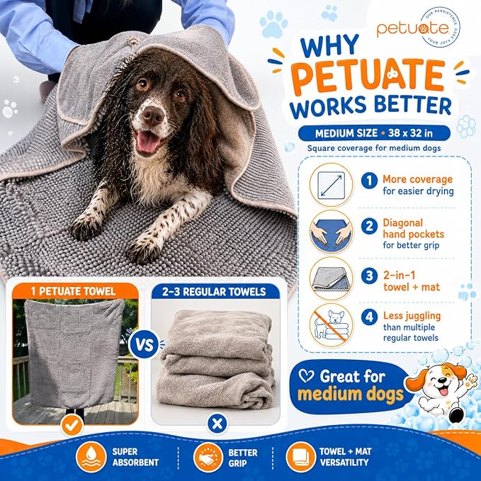 Pet 2-in-1 Dog Towel & Mat – Transforms from Drying to Bath Mat, Ultra Soft, Absorbent & Quick-Drying, Machine Washable Dog Towels with Detachable Non-Slip Mat and Hand Pockets (Medium) - Image 5