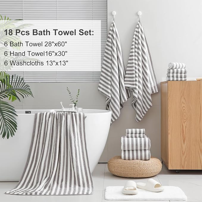 Smuge 18 Pcs Bath Towel Set, Include 6 Bath Towel Sheets, 6 Hand Towels and 6 Washcloths - Highly Absorbent Quick Dry Microfiber,Ultra Soft Bathroom Towel Set with Hanging Loop - Light Gray - Image 5