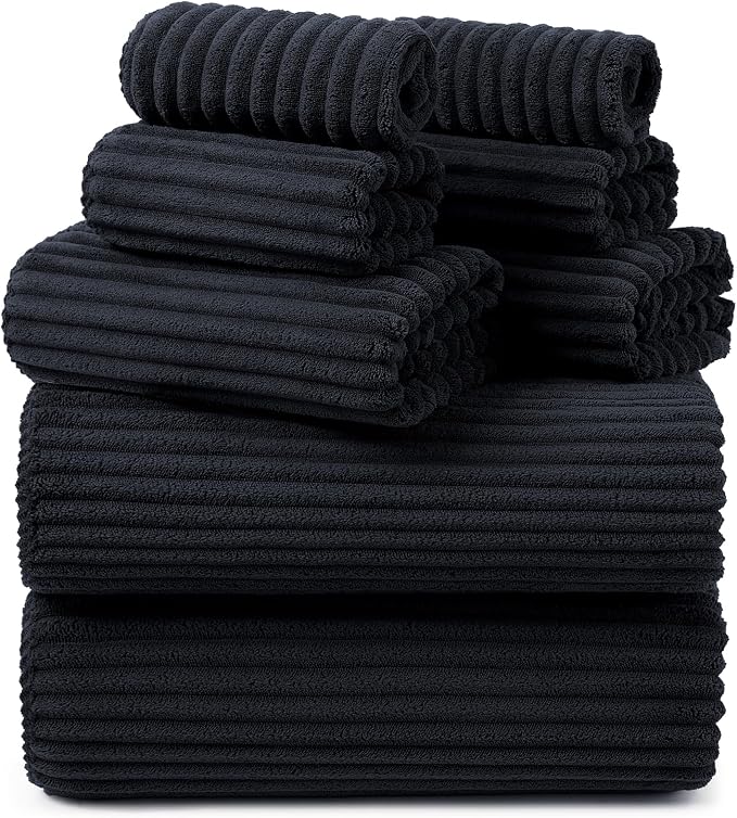 REDKISS Black Bath Towels Set 8 Piece - Microfiber Bathroom Towels of 8 Large, Highly Absorbent Bath Towel, Soft Shower Towel for Bathroom, Hotel 2 Bath Sheet 2 Hand 2 Washcloths 2 Hair Towel Wrap by REDKISSOnline