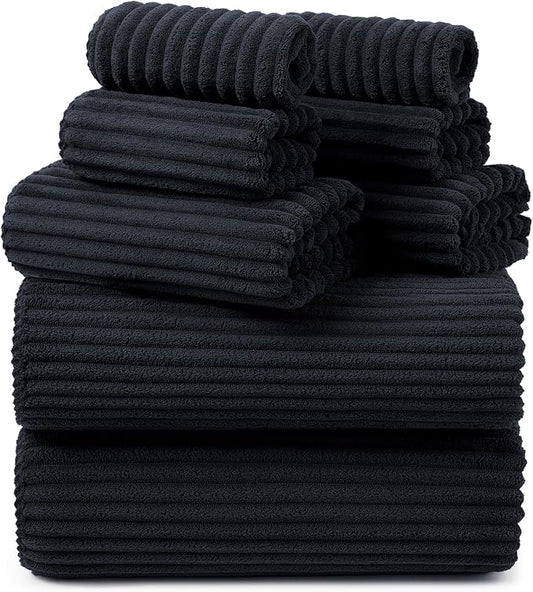 REDKISS Black Bath Towels Set 8 Piece - Microfiber Bathroom Towels of 8 Large, Highly Absorbent Bath Towel, Soft Shower Towel for Bathroom, Hotel 2 Bath Sheet 2 Hand 2 Washcloths 2 Hair Towel Wrap by REDKISSOnline