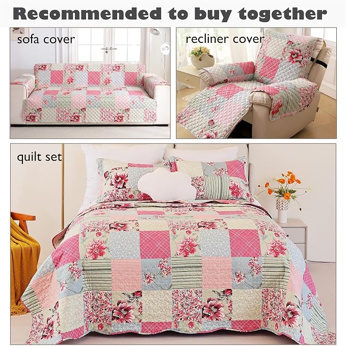 Cmfshape Skidproof Sofa Cover-Patchwork Sofa Slipcover with Elastic Straps-Easy Fit Slip Cover-Rose Washable Furniture Protector for Pets and Kids(Sofa,Pink&Grey) - Image 4