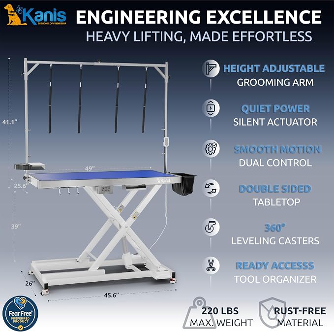 KANIS Professional Electric Dog Grooming Table - Heavy Duty | Height Adjustable Pet Grooming Table w/Leveling Wheels, Dog Grooming Arm, Anti-Slip Tabletop & Tool Organizer (White, 49") - Image 2