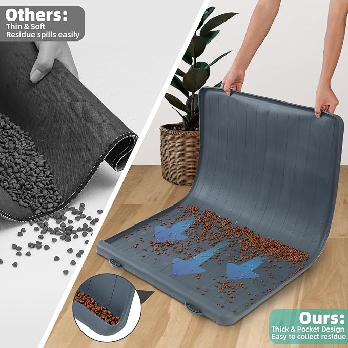 Dog mat for Food and Water - 39.4" x 27" Thickened Large Dog Food Mat | Waterproof Pet Bowl Mat with Residue Collection Pocket and High Edges to Prevent Water and Food Spills - Dark Grey - Image 4