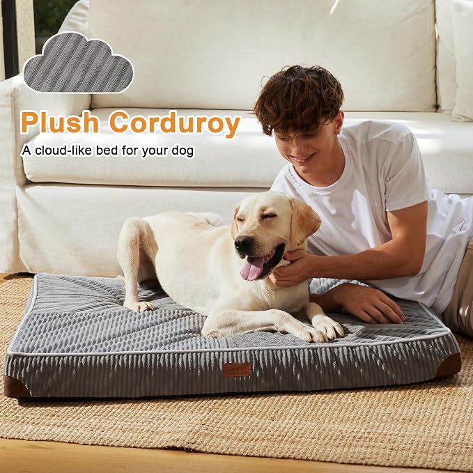 FUKUMARU X-Large Dog Bed, Thickened Waterproof Dog Mat with Washable Cover | 4" Extra Thick Egg Crate Foam Pet Mat, Corduroy Orthopedic Dog Bed for Crate, Flat Dog Pad with Anti-Slip Bottom - Image 2