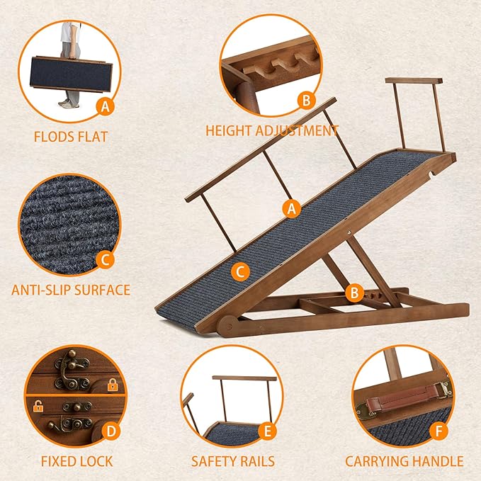 Dog Ramp for Bed Couch - Pet Steps Stairs to Get on Bed Couch 11.8"-27.5" High for Small or Large Dog Up to 200 lbs, Adjustable Wooden Dog Ramp Steps Foldable Portable, Anti-Slip Carpet (L-Natural)