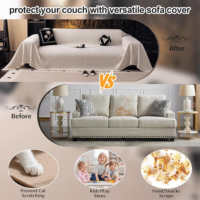 ROOMLIFE Couch Cover 3 Cushion Sofa, Washable Non Slip Furniture Sofa Protector Cover, Soft Chenille Sofa Slipcovers Sectional L Shape Dogs Couch Cover Throw Blanket with Tassels 71''X118'' - Image 2