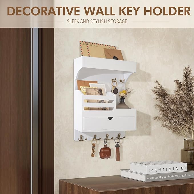 Rebee Vision Key Holder Wall Mount with Drawer & Shelf for Entryway, White | Pine Wood, Key Holder for Wall, 6 Sturdy Key Hooks, Wall Shelf, Drawer Organizer, Modern Home Decor, Decorative Storage - Image 4