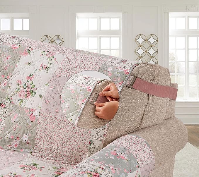 Brilliant Sunshine Rose and Sage Loveseat Cover, 54" seat | Traditional Patchwork Design, Non Slip Sofa Cover, Quilted Furniture Protector, Large Washable Love Seat Slipcover for Pets - Image 4