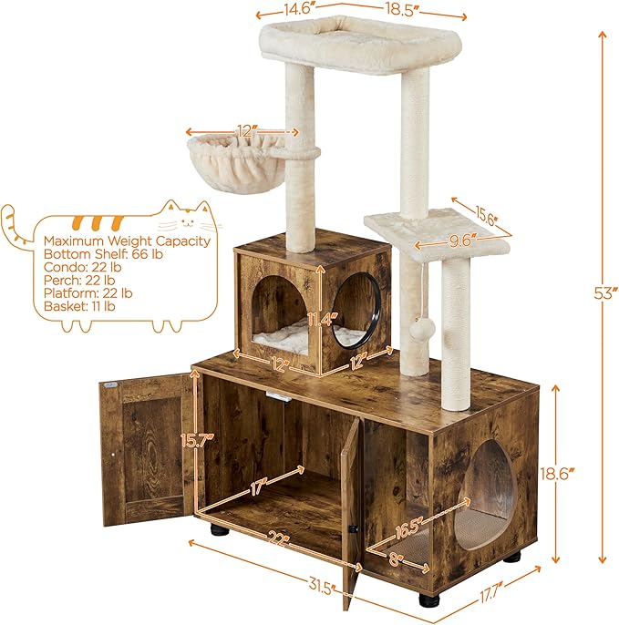 Yaheetech All-in-one Litter Box Enclosure with Cat Tree, Rustic Brown/Beige | Odor-control wooden litter box furniture w/ventilation holes, plush top perch, condo & scratching posts, easy-wipe surfaces - Image 3