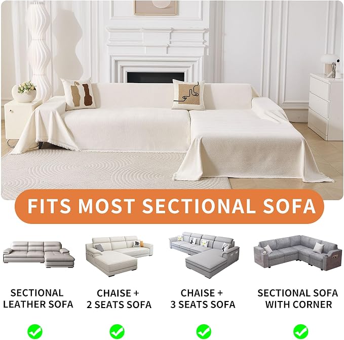 HAOMAIJIA Sectional Couch Covers L Shape 2 Pieces Washable L Shaped Couch Covers for Sectional Sofa Non Slip Couch Cover Blanket for Dogs Pet Friendly Furniture Protector (Off White,71"x118"+71"x118") - Image 5