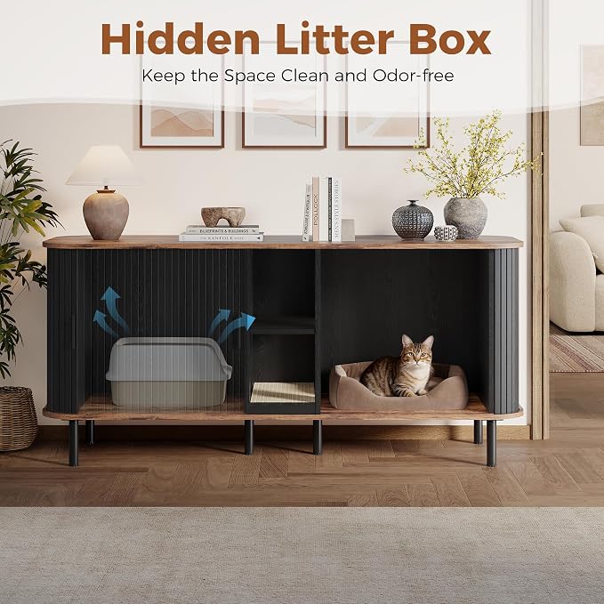 58" Double Cat Litter Box Enclosure, Large Hidden Litter Box Furniture for 2 Cats with Cat Scratch Pad, Wooden Modern Indoor Cat House with Double Room, TV Stand, Side Table, Black - Image 3