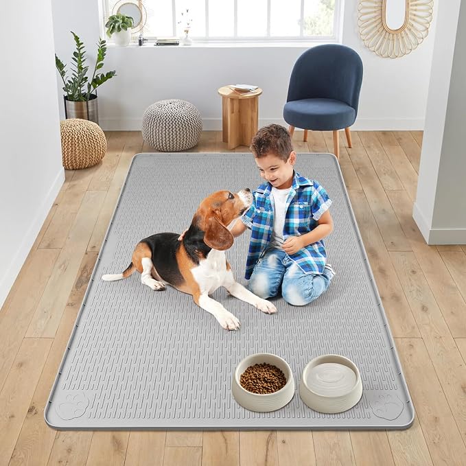 Dog Food Mat 50''x35'' Extra Large Dog Mat for Food and Water, Light Grey | Silicone Dog Bowl Mat with Raised Edge, Waterproof Non-Slip Pet Feeding Mat for Floors, fit for Dog Cat Bowls - Image 6