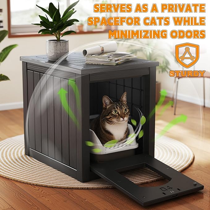Cat Litter Box Enclosure, Multi-Functional Hidden Cat Litter Box Furniture & Cat Box Enclosure Cabinet with Side Table Design, Openable Front Door & Raised Floor, Easy to Clean & Assemble, Black - Image 3