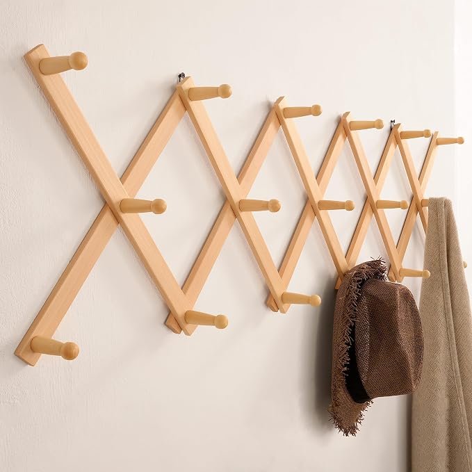 SKOLOO Hat Rack for Wall with 17 Hooks, Solid Wooden, Modern, Expandable Coat Rack Wall Mount for Coats, Hats, Bags, Baseball Caps, Natural Color - Image 4