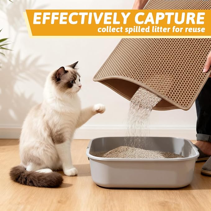 Pieviev Cat Litter Mat Double Layer Waterproof Urine Proof Trapping Mat 1 Pack (30''X24'', Brown) | Honeycomb Design Catches Scattered Particles to Stop Tracking, Urineproof Base Protects Floors, Easy to Clean - Image 3