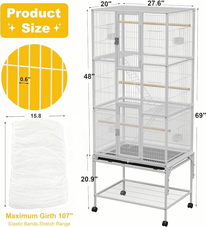 69 inches Bird Cage with Dust Cover, Birdcages with Rolling Wheels | Large Bird Cages for Cockatiels Quaker Conure Parakeet Lovebird Finch Canary Small Medium Parrot Cage Birdcage,White - Image 2