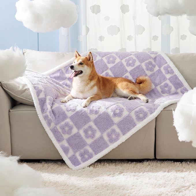 LE SURE Waterproof Dog Blankets for Large Dogs Cute Cozy 3D Jacquard,40x50 | Warm Soft Pet Blanket for Senior Dogs Aesthetic Gift, Washable Sherpa Throw,Reversible Couch Protector,Lavender Flower Checks by Lesure