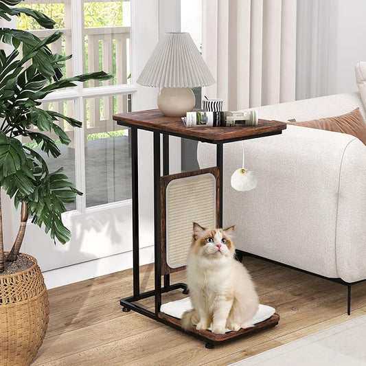 Giantex Cat Scratcher Side Table, C-Shaped End Table with Cat Scratching Board, Washable Cushion, Jingling Ball, Metal Frame, Couch Table Cat Tree Tower for Living Room Bedroom, Rustic Brown by Giantex