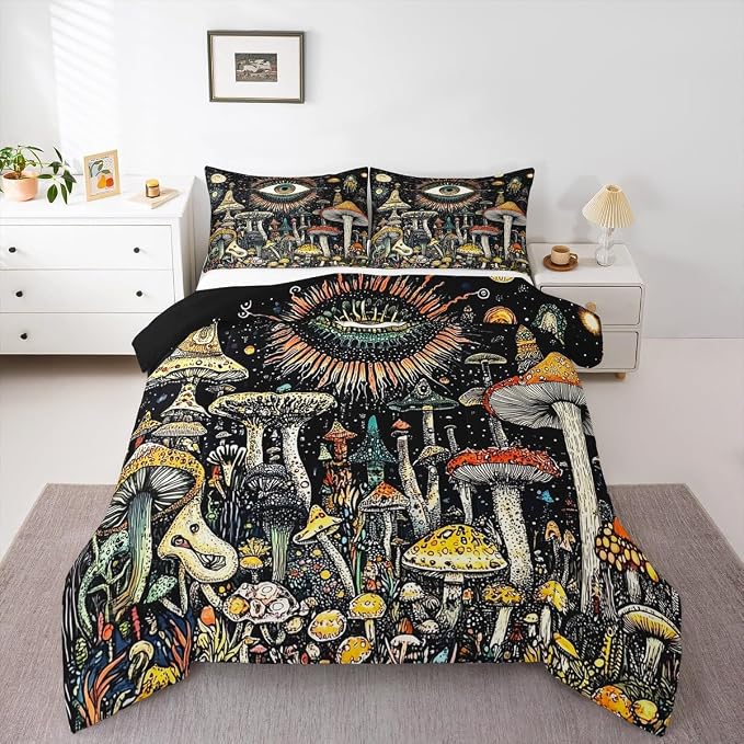 Watercolor Mushroom Comforter Sets King Size,Nature Burgundy Plant Bedding Comforter for Kids Girls Boys,Botanical Leaves Starry Quilt Sets for Bedroom Decor,Duvet Insert,2 Pillowcase,Black Yellow - Image 5