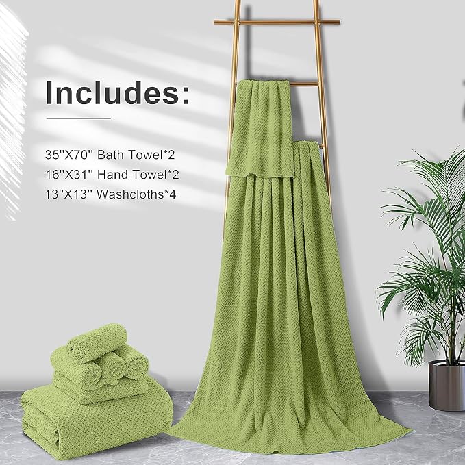8-Piece Bath Towel Set, 2 Extra Large Bath Towel Sheets, 2 Hand Towels and 4 Washcloths - Highly Absorbent Quick Dry Microfiber,Ultra Soft Towel Set for Bathroom, Waffle Weave, Pack of 8 (Olive) - Image 6