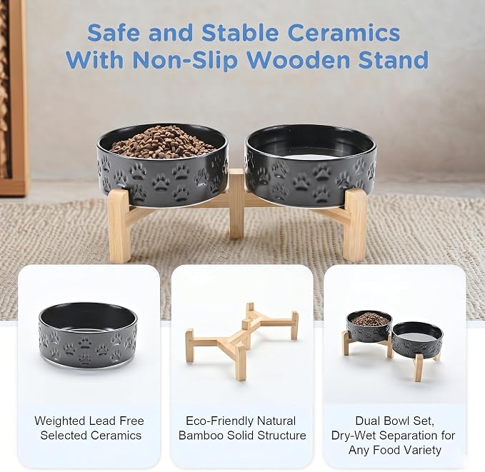 SPUNKYJUNKY Elevated Dog Bowls Ceramic, 5.1'' Dogs and Cat Food Water Bowls Raised with Non-Slip Bamboo Stand for Puppy Small Sized Breed Microwave Dishwasher Safe - 13.5 OZ,Paw Black - Image 6