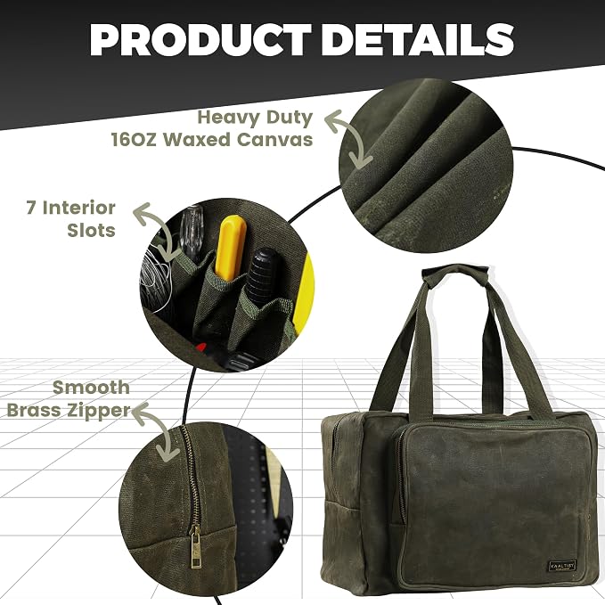 Tool Tote | Heavy Duty 16oz Waxed Canvas Tool Storage Bag - Portable 3 Pockets Tote Bag with Padded Handle& Metal Zipper, for Craftsman Gardener Carpenter Mechanic | 15.5"L x 7.5"W x 11.5"H - Image 3