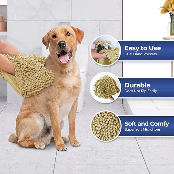 Muddy Mat® Doggy Dryer, Highly Absorbent Microfiber Washable Dog Shammy, Quick Drying Towel Absorber, Extra Soft Plush Wrap Chenille Bath Towels to Dry Soggy Large Pets & Small Puppy - Beige - Image 4