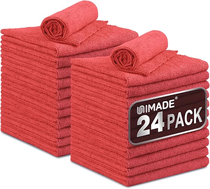 UNIMADE Microfiber Cleaning Cloth, 24 Pack Reusable Microfiber Towels | for Cars Lint Free Cleaning Shop Towel Rags for Home Kitchen Automotive Bar Mechanic Restaurant Garage, 11"x 12", Red by Unimade