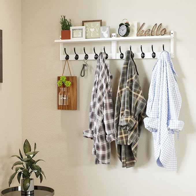 AMBIRD 34.2" L Wooden Wall Coat Hooks with Shelf - Versatile and Decorative Wall-Mounted Storage - 10 Hooks for Hanging Coats, Hats, Keys, Bags, Scarves - Ideal for Entryways, Bedrooms, Closets(White) - Image 4