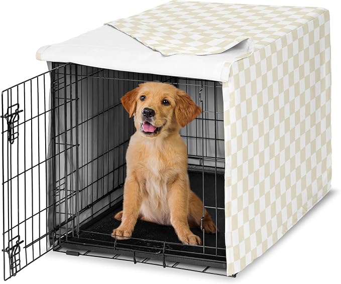 Sweet Jojo Designs 36in. Medium Dog Crate Cover (Beige Gingham Checkered Plaid) Pet Cage, Kennel Covers (Vintage, Classic, Checkerboard, Geometric, Minimalist, Retro, Taupe, Brown, Tan and White) by SweetJojoDesigns