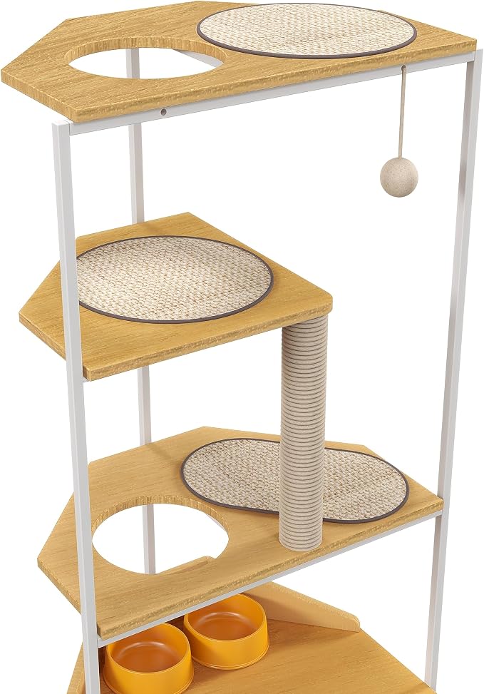Corner Cat Tower, Cat Tree with Scratching Post, Cat Condo with Feeding Station and Climbing Platforms, Pet Furniture for Indoor Cats - Image 4