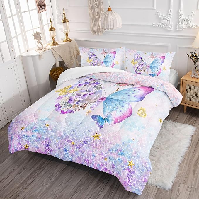Cartoon Butterfly Comforter Set Watercolor Butterfly Printed Bedding Set with 1 Comforter and 2 Pillowcases for Boys and Girls Bedroom All Season(Butterfly Queen) - Image 3