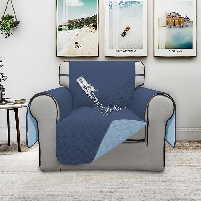 ISSUNTEX Double Protection 100% Waterproof Chair Sofa Cover for Living Room, Reversible Furniture Protector for Dogs, Pets, Kids (Chair, Dark Blue/Light Blue) - Image 2