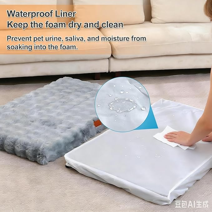 Orthopedic Dog Beds for Medium Dogs, Fluffy Faux Rabbit Fur Pet Bed with Removable Washable Cover, Dog Bed Mat with Egg Crate Foam & Waterproof Lining, Non-Slip Bottom, Blue-Grey,30"x20"x3" - Image 5