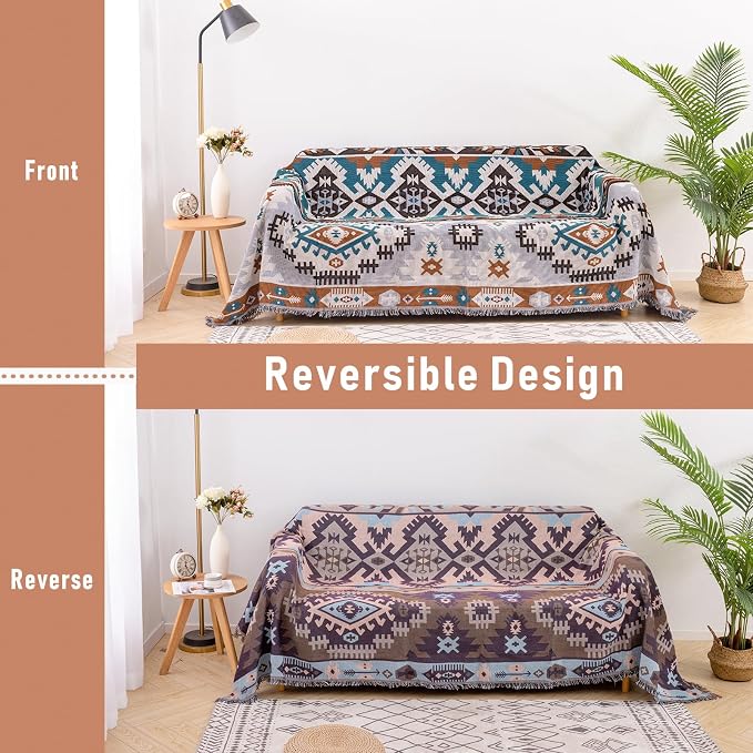 Homcosan Sofa Slipcovers Towel Reversible Geometrical Sectional Couch Cover Sofa Blanket for 3 Seat Boho Sofa Cover with Tassels Couch Protector for Pets, Kids - Image 2