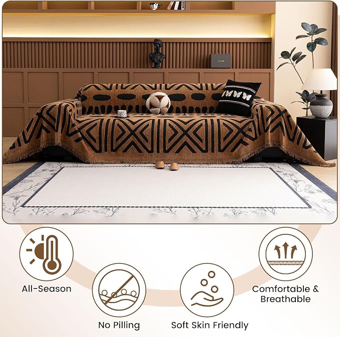 STACYPIK Boho Dark Khaki Couch Cover for Sofa Black Striped Sofa Cover for Pets Non Slip Dogs Furniture Protector for 3 Cushion Couch for Living Room Washable Multi-Use Sectional Couch Cover-71X150IN - Image 3