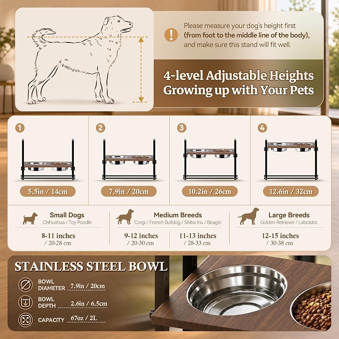 CZPET Elevated Dog Bowls, Angle&Height Adjustable, 2L Stainless Steel Bowls | Tilted Platform (0°, 7.5°, 15°) Dog Bowl Stand, Stable & Sturdy Metal Raised Dog Feeding Station, For Large Medium Small Dogs - Image 9