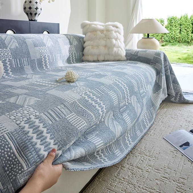 DREAMINGO Vintage Patchwork 3-Layer Gauze Geometric Jacquard Sofa Cover, Farmhouse Couch Cover Blanket for 2 Seater, Living Room Washable Furniture Protector, Denim Blue, 91"x118" - Image 3