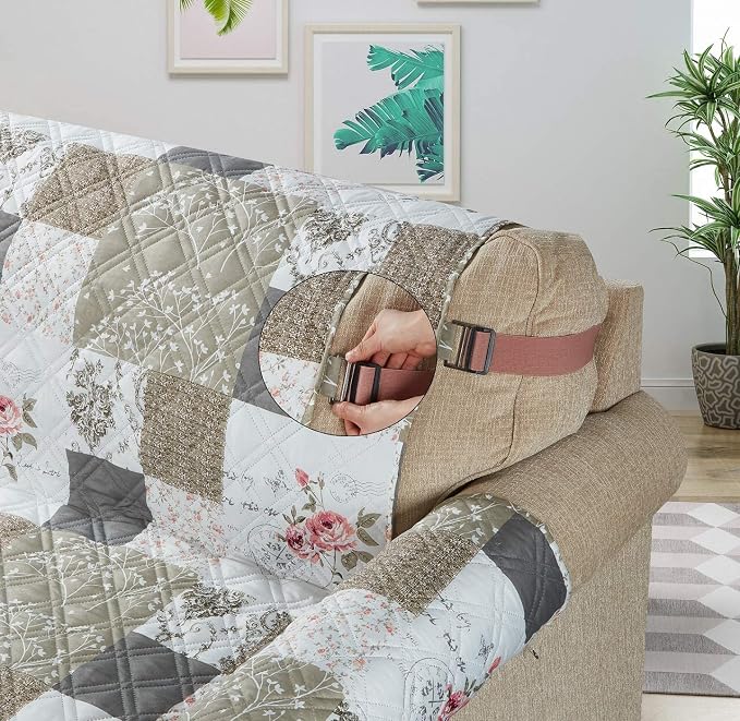 Brilliant Sunshine Pink Rose & Grey Toile Couch Recliner Cover, 26" seat | Patchwork Design, Non Slip Sofa Cover, Quilted Furniture Protector, Washable Reclining Chair Slipcover for Pets, Dogs - Image 7