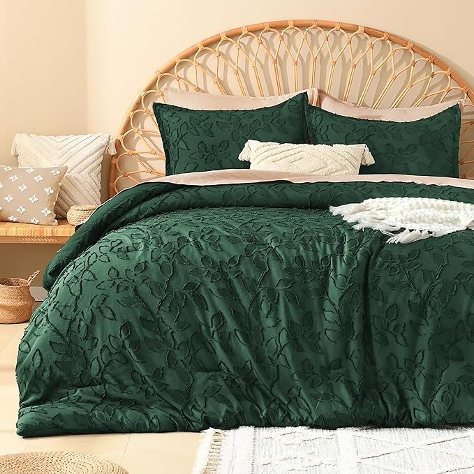 Litanika California King Size Comforter Set Emerald Green, 3 Piece Cal King Dark Green Boho Tufted Bedding, Forest Green Oversized Farmhouse Bed Set with 2 Leaf Pattern Pillowcases（104x96In） by Litanika