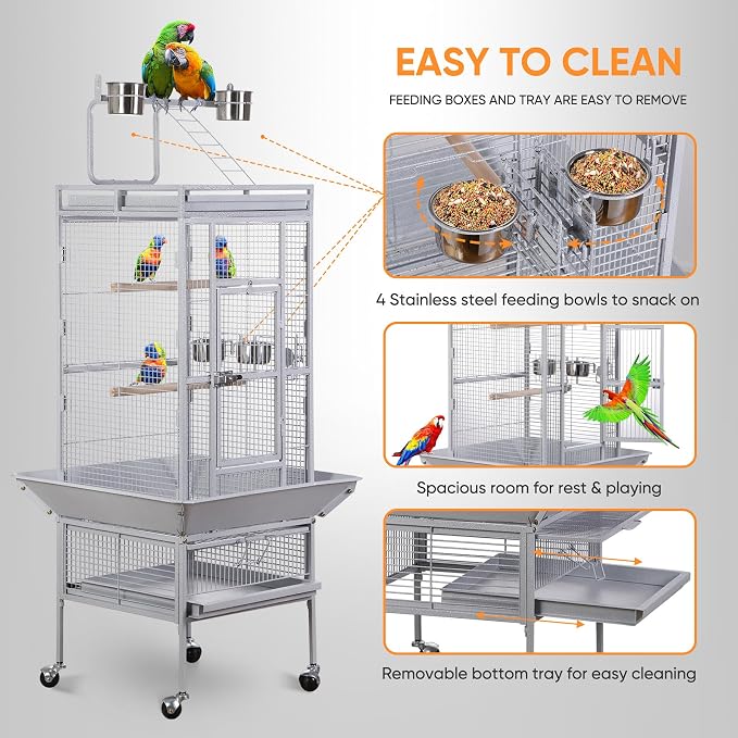 ZENY 61-inch Large Parrot Cockatiel Bird Cages with Wrought Iron Play Top, Aviary with Rolling Stand for Sun Parakeet Quaker Conure Lovebird Budgie Finch African Grey White Birdcage (White) - Image 4