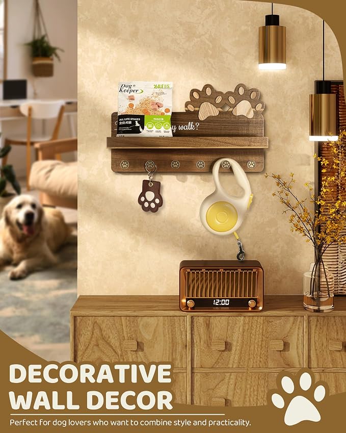 MTERSN Farmhouse Dog Leash Holder for Wall - Decorative Key Hooks Wall Mount with Paw Shape and 6 Unique 3D Hooks - Dog Lover for Home Decor (Acacia Wood) - Image 4