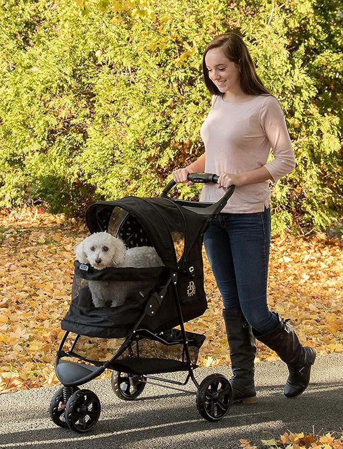 Pet Gear No-Zip Special Edition 3 Wheel Pet Stroller for Cats/Dogs, Zipperless Entry, Easy One-Hand Fold, Removable Liner, Cup Holder, Gold Monogram