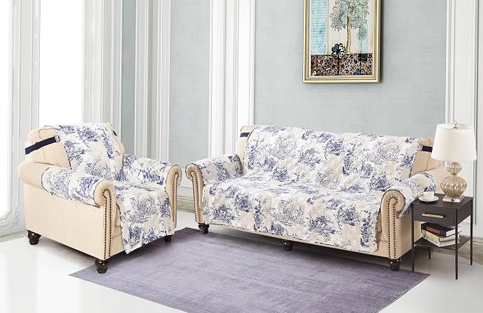 Brilliant Sunshine Blue Toile Couch Cover, Beige & Ivory Patches, 70" seat | Non Slip Sofa Cover, Quilted Furniture Protector, Large Washable Slipcover for Pets, Dogs & Cats - Image 3
