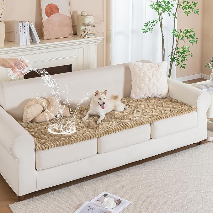 PuTian 100% Waterproof Fuzzy Couch Cover for Dogs Khaki 27.6"x82.7" | Pet Friendly Dog Mat for Couch, Waterproof Sofa Protector, Scratch Resistant Furniture Cover for Dogs, Machine Washable by PuTianWorld
